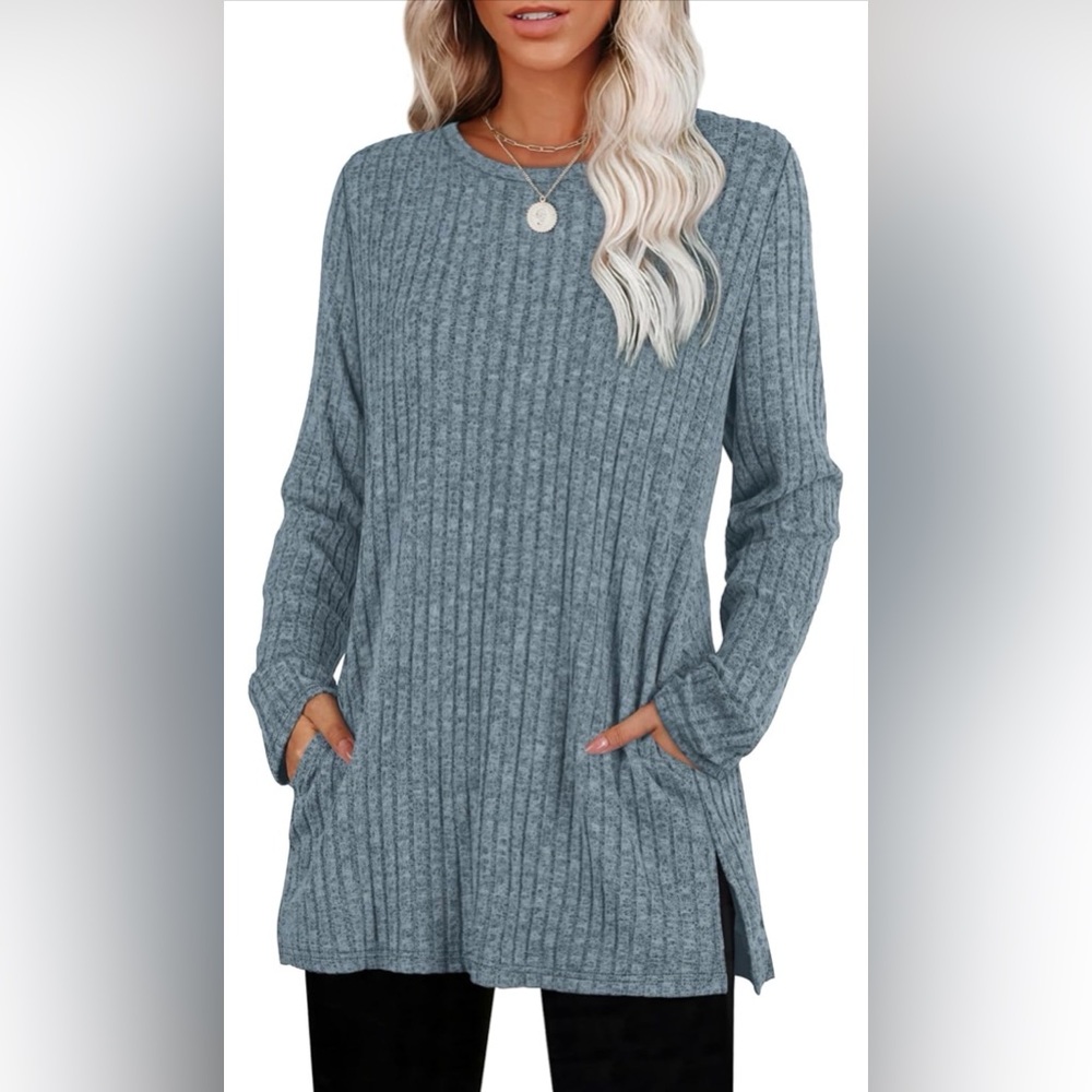 NWT Sampeel Lightweight Tunic Sweater Knit Top Pockets Soft Ribbed Large